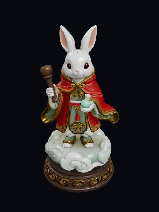 Moon Rabbit Apothecary 3D model with topology overlay