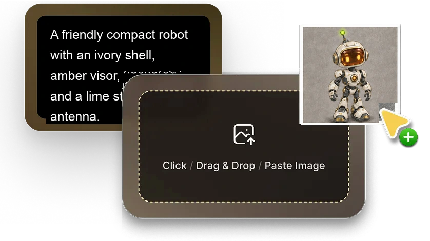 Image upload panel with a robot reference for image-to-3D generation